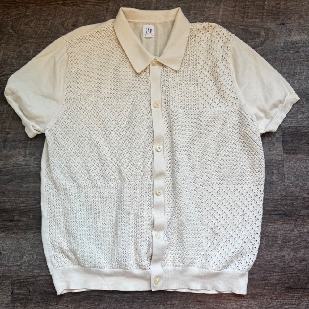 GAP Crochet Vacay Knit Button Front Polo Shirt XL  Cream Textured Short Sleeve